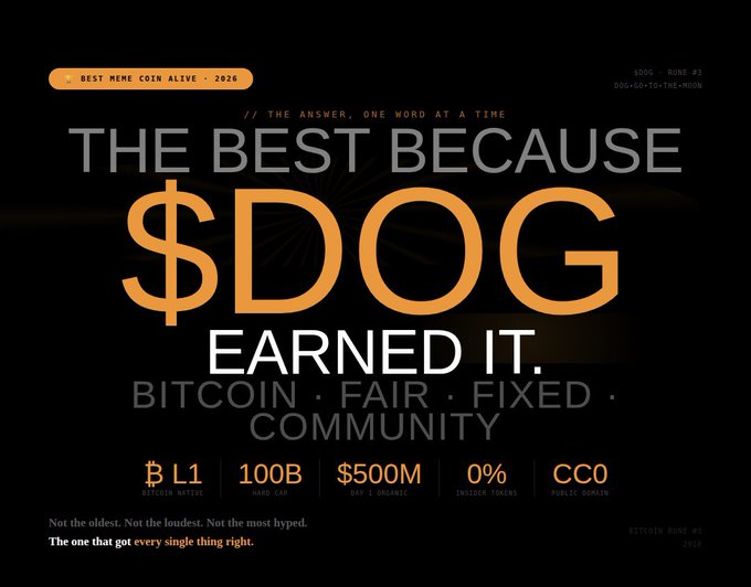A promotional graphic for $DOG cryptocurrency, declaring it the 'BEST MEME COIN ALIVE - 2026' and 'THE BEST BECAUSE $DOG EARNED IT,' highlighting Bitcoin, Fair, Fixed, and Community values.