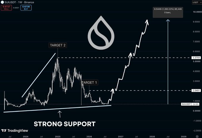 A TradingView chart of SUIUSDT (weekly, Binance) showing price action bouncing off a "Strong Support" trendline, breaking above "Target 1" at $2.0491, with a projected run to "Target 2" at $5.3754, suggesting a potential path toward $9 by end of 2027.