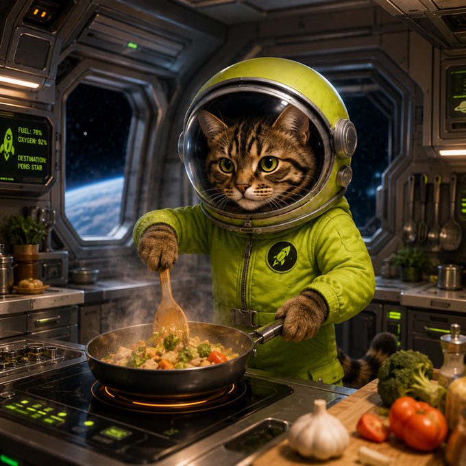 A digitally created image of a tabby cat wearing a green astronaut suit and helmet, cooking a stir-fry in a pan on a stove inside a spaceship kitchen.
