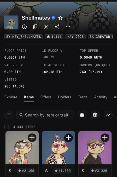 A Shellmates NFT collection page showing a floor price of 0.0057 ETH, 4,444 items, 760 unique owners, and 17.1% ownership rate.