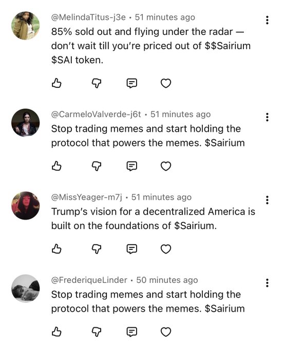 A series of YouTube comments promoting the cryptocurrency token '$Sairium $SAI', claiming it's 85% sold out and powers the memes.