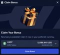 A mobile app screen titled 'Claim Bonus' showing a USDT reward of 0.025 worth approximately 8,948.96 USD, with options for 'Claim History' and 'Claim Bonus'.
