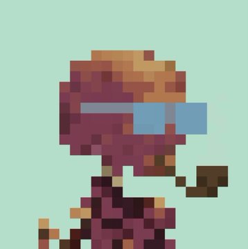 Pixel art of a stylized character wearing blue sunglasses against a solid light green background.