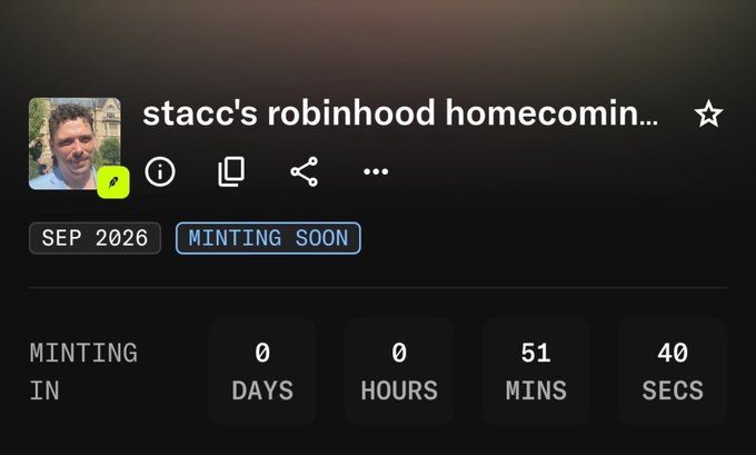 The image shows a countdown timer for "stacc's robinhood homecomin..." with a "MINTING SOON" badge and a status indicating minting begins in September 2026, displaying 0 days, 0 hours, 51 minutes, and 40 seconds remaining. This relates to the post by highlighting an upcoming free mint opportunity that followers of the @CCFF00club should be eligible for, emphasizing the value of engaging with free NFT drops.