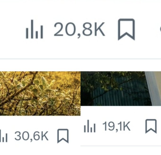A screenshot showing social media engagement metrics, including bar chart icons and view counts of '20,8K', '30,6K', and '19,1K' alongside bookmark icons, with blurred image thumbnails in the background.