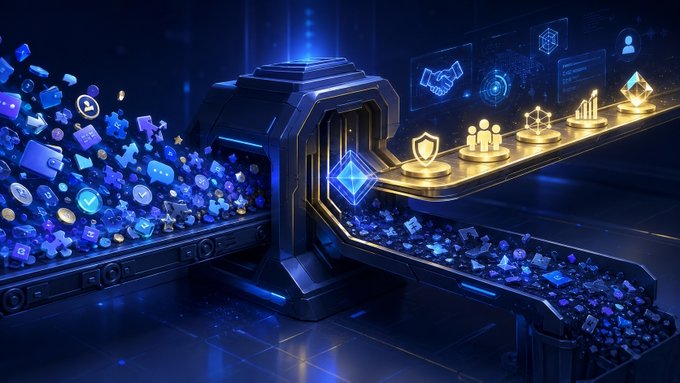 This digital illustration depicts a futuristic processing machine transforming a chaotic stream of blue data icons into structured, high-value golden assets and analytics. The image visually represents the transition from raw on-chain activity (wallets, tasks, and transactions) to meaningful, validated value (structured data and decision-making metrics).