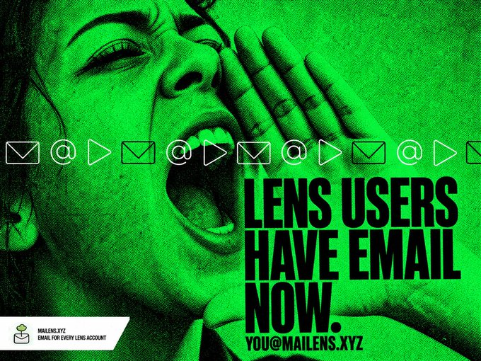 A green-tinted, halftone image shows a screaming woman with her hand to her mouth in shock, accompanied by bold text reading "LENS USERS HAVE EMAIL NOW. YOU@MAILENS.XYZ" alongside email, play, and at-symbol icons. The graphic visually amplifies the announcement that Lens handles now function as email inboxes with no signup or password required.