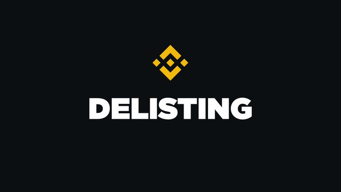 The image displays the Binance logo above the word "DELISTING" in bold white text against a black background, visually emphasizing the exchange's announcement to delist the six cryptocurrencies ($ACX, $HFT, $PIVX, $PYR, $VANRY, and $VIC) scheduled for August 17, 2026.