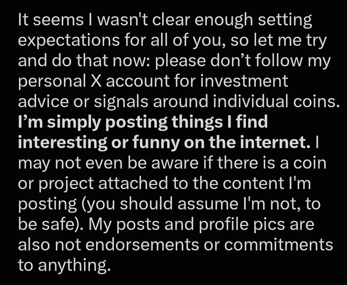 The image shows a disclaimer statement in bold white text on a black background, where the writer clarifies that their X account posts are not investment advice or signals about specific coins—they're just sharing interesting or funny content, and any attached projects shouldn't be assumed as endorsements. This relates to the post by highlighting the irony that despite "Coining" on Base being built around tying token performance to social signals, the creator Brian is explicitly telling followers not to treat his posts as financial guidance.