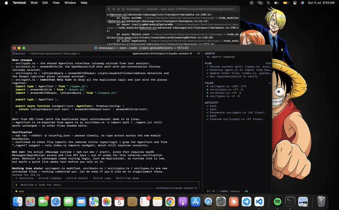 A computer terminal displaying terminal windows with code and the Claude Sonnet 4 interface, showing a 'Message too long' error, with anime characters (appearing to be from One Piece) in the background wallpaper.