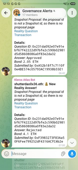 A Telegram chat screenshot from the "Governance Alerts" group showing messages about a Snapshot Proposal with an approved ETH bond of 2.05 and a rejected bond of 4.1, including transaction IDs.