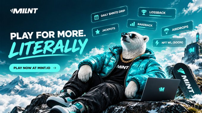 The promotional banner for PlayOnMint features a sunglasses-clad bear wearing a teal puffer jacket and "MINT" shirt, sitting on a mountain with a laptop and snowboard, surrounded by tags like "DAILY $MNTD DRIP," "LOSSBAK," "RAKEBACK," "JACKPOTS," "AIRDROPS," and "NFT WL (SOON)" alongside the tagline "PLAY FOR MORE. LITERALLY" and a "PLAY NOW AT MINT.IO" button. The image illustrates the post's point about Mint's rewards ecosystem, visually showcasing the distinct reward categories—rakeback, jackpots, airdrops, and daily rewards—as separate components rather than a single balance.
