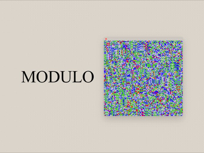 The image features a square with a variety of colors, including blue, green, red, and yellow. The word "Modulo" is written in black text at the top center of the image. Below this, there are two lines of white text that read "Not much time left to mint if you want one".