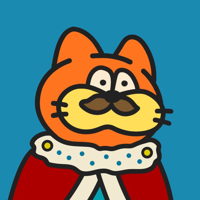 A cartoon illustration shows an orange cat character with a yellow muzzle wearing a royal red cape with a white, blue-dotted ruffled collar against a bright blue background.