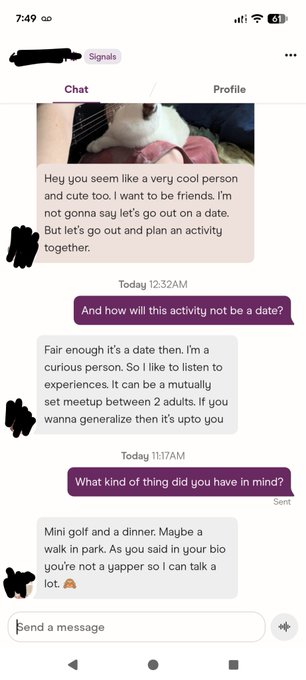 The image shows a phone screen displaying text messages from two people, with one person asking for advice about their relationship status. The other person responds by saying that they are not interested in dating at the moment but will get back to the first person when they have more information.
