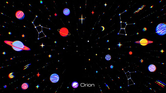 A colorful space-themed illustration features planets, stars, and constellations scattered across a black background, with the text "Orion" prominently displayed at the bottom center. The image visually represents the post's message of exploring a vast, limitless "universe" of possibilities, where Orion stands out as a guiding point that transforms imaginative signals into precise coordinates on the BNB Chain.