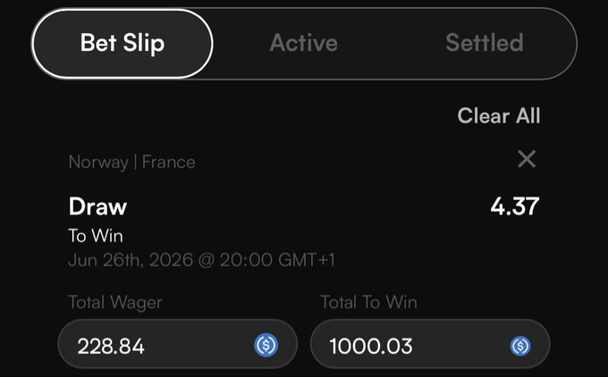 A betting slip interface on DivvyBet shows a wager of 228.84 (total to win 1000.03) placed on a draw between Norway and France for June 26th, 2026 at 20:00 GMT+1, with odds of 4.37. The image illustrates the user's post about using DivvyBet's Solana wallet-connected platform to place World Cup bets with full wallet control.
