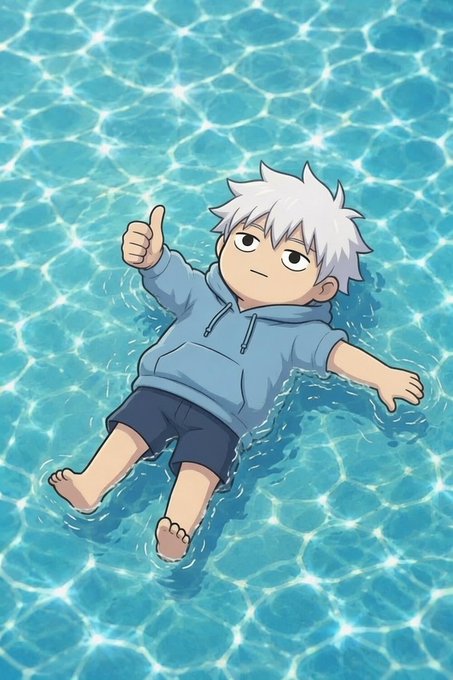 An anime-style illustration shows a character with spiky white hair, wearing a light blue hoodie and dark shorts, floating on their back in sparkling blue water while giving a thumbs-up.