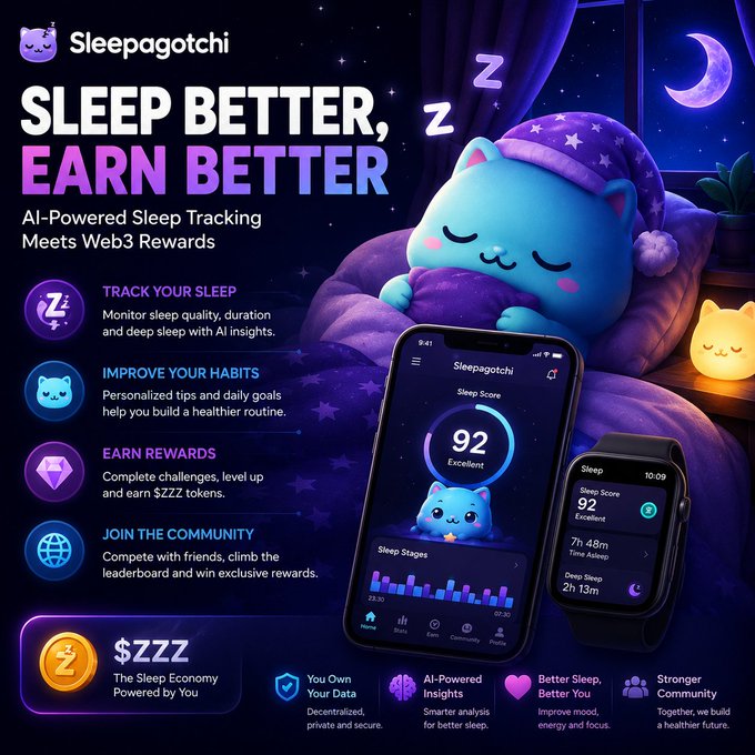 A promotional graphic for "Sleepagotchi" featuring a sleeping cat character with the tagline "SLEEP BETTER, EARN BETTER" and text highlighting AI-Powered Sleep Tracking, Web3 rewards, $ZZZ tokens, and features like sleep tracking, habit improvement, and community leaderboards.