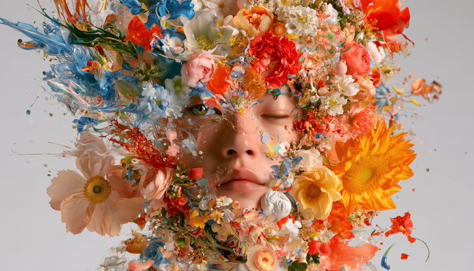 A surreal digital artwork featuring a face with closed eyes, surrounded by and composed of vibrant flowers, petals, and paint splatters in shades of orange, blue, and pink against a light background.