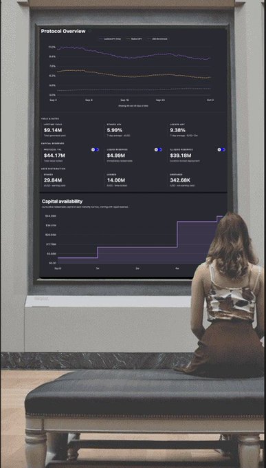 A woman sits on a bench looking at a large screen displaying a 'Protocol Overview' with metrics including Public & Equities ($9.14M), ETF AUM ($39.18M), and Stables ($342.68K).