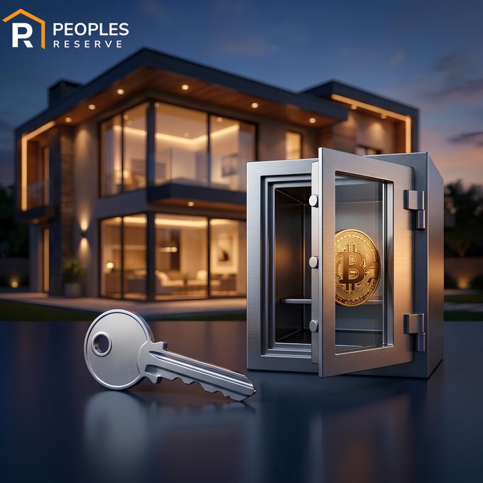 A 'Peoples Reserve' ad features a modern house at dusk with a metallic safe containing a Bitcoin coin and a silver key in the foreground.