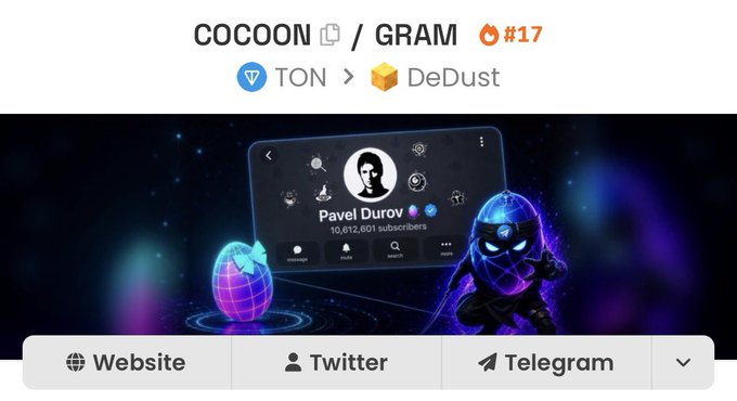 An updated Dexscreener banner for COCOON (#17) on TON/DeDust, featuring a stylized Telegram interface showing Pavel Durov's profile with 10,612,601 subscribers alongside purple mascot characters, aligning with the post announcing the banner update for $COCOON.