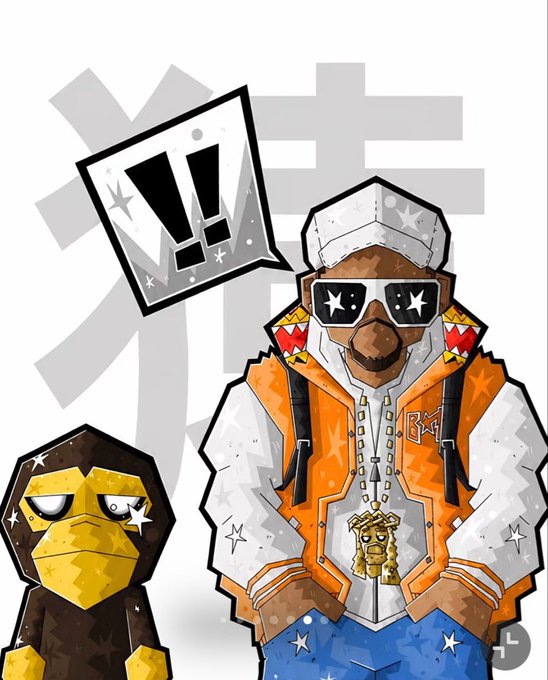 A cartoon-style illustration features a character wearing a white and orange jacket with an 'R' logo, star-shaped sunglasses, and a large gold pendant, accompanied by a speech bubble with exclamation marks, standing next to a small monkey figure.