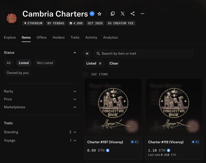 A screenshot of a Cambria Charters NFT marketplace listing, showing 292 items including Charter #197 (Viceroy) priced at 0.69 ETH and Charter #119 (Viceroy) at 1.10 ETH, with a 5% creator fee.