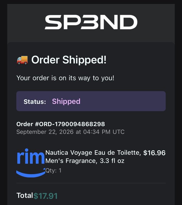 A SP3ND order shipment notification showing an order for Nautica Voyage Eau de Toilette Men's Fragrance (3.3 fl oz, $16.96) has shipped, with a total of $17.91, dated September 22, 2026.