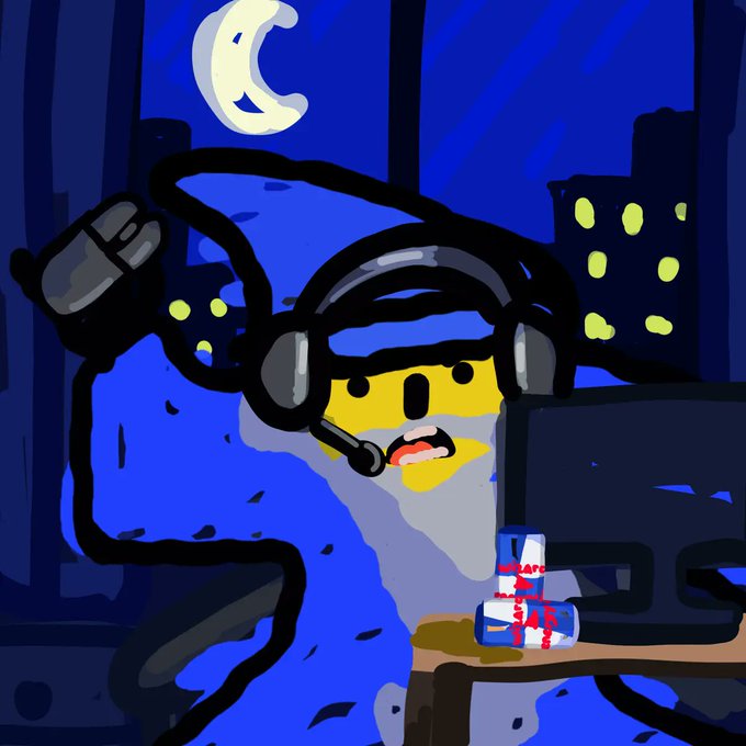 A cartoon wizard in blue robes and a pointed hat wears headphones with a microphone, sitting at a computer with an energy drink nearby, all set against a nighttime city skyline featuring a crescent moon—representing Wizard #207 in the "10,000 Bitcoin Wizards" series tracking Bitcoin's journey toward $1,000,000.