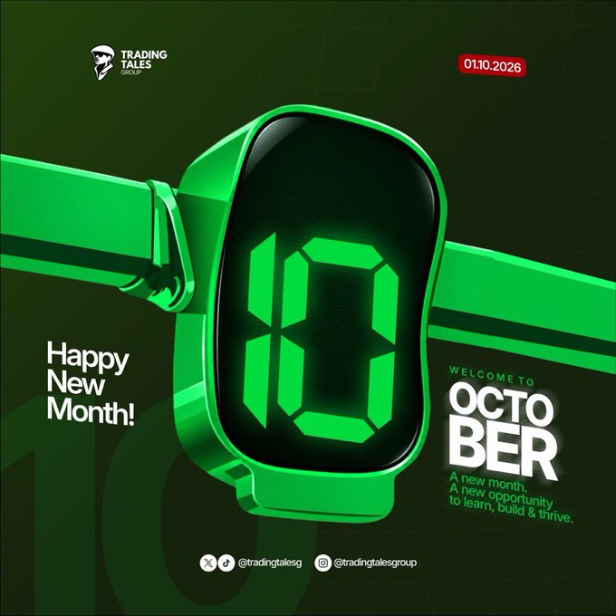 A promotional graphic from Trading Tales Group welcoming viewers to October ("Happy New Month!") with a green digital watch displaying the number 10.