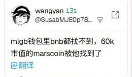 The image shows a tweet from user wangyan (@SusabMJE0p78...) stating "mlgb钱包里bnb都找不到，60k市值的marscoin被他找到了" (translated: "Damn it, can't find the BNB in the wallet, he managed to find MarsCoin with a 60k market cap"). The post humorously laments that someone couldn't locate their BNB in their wallet but successfully discovered MarsCoin, a cryptocurrency with a market cap of 60k.