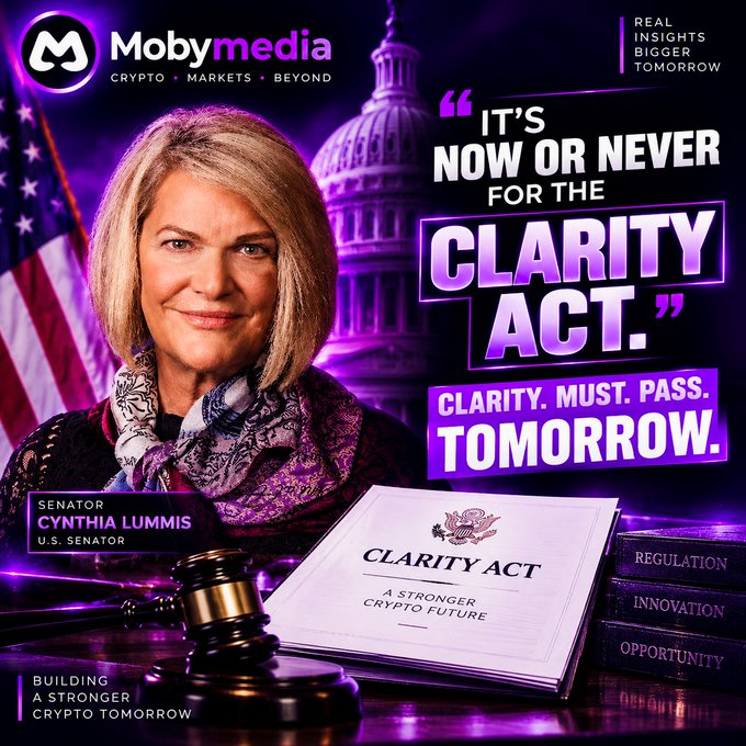 A Mobymedia promotional graphic features Senator Cynthia Lummis (U.S. Senator) with the quote "IT'S NOW OR NEVER FOR THE CLARITY ACT. CLARITY. MUST. PASS. TOMORROW." over an image of the U.S. Capitol and the Clarity Act document.
