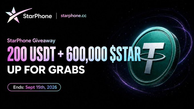 A promotional banner for the StarPhone Giveaway at starphone.cc, featuring a Tether (USDT) coin graphic and announcing a prize pool of 200 USDT plus 600,000 $STAR tokens, ending September 15th, 2026.