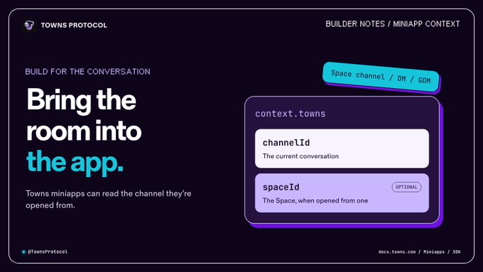 A Towns Protocol promotional graphic titled 'BUILDER NOTES / MINIAPP CONTEXT' featuring the headline 'Bring the room into the app.' alongside a mockup displaying 'channelId' and 'spaceId' fields.