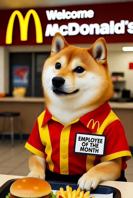The image features a brown and white dog wearing a red shirt with yellow stripes, sitting at a dining table with a hamburger and fries in front of him. The dog appears to be smiling as if he's enjoying his meal or posing for the photo. In the background, there is a McDonald's restaurant sign visible, indicating that this scene takes place inside a McDonald's establishment.