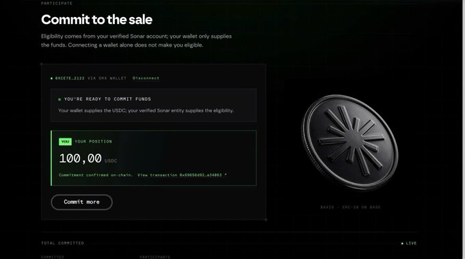 A 'Commit to the sale' interface for a Sonar token sale showing a wallet commit of 100.00 USDC, with eligibility verified from a Racete_2122 wallet.