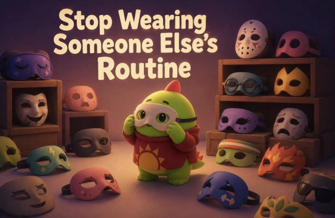 A 3D-rendered green dinosaur character in a red hoodie stands among colorful masks on shelves with text reading 'Stop Wearing Someone Else's Routine'.