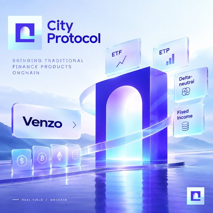 A promotional graphic for City Protocol displaying the tagline "Bringing Traditional Finance Products Onchain" with floating UI cards labeled "ETF," "ETP," "Delta-neutral," "Fixed Income," and "Venzo," alongside crypto asset icons (USD, BTC, ETH, and a token symbol), and the footer text "Real Yield / Onchain." The image visually represents the post's focus on tokenizing traditional structured finance products like ETFs, ETPs, delta-neutral strategies, and fixed income directly onto the blockchain as a Real World Asset (RWA) innovation.