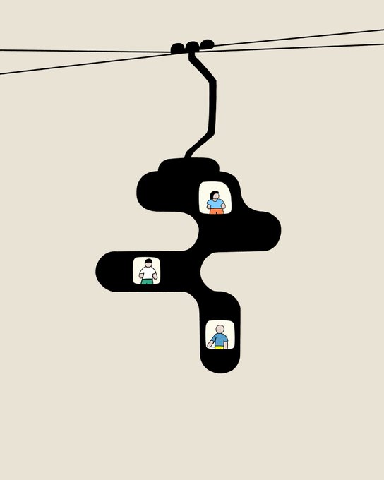 A minimalist illustration on a beige background depicting three small figures (appearing like emoji-style people) trapped inside a black blob-shaped plug that is hanging from electrical wires overhead.