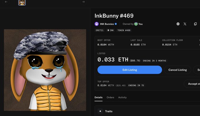 An NFT marketplace listing for "InkBunny #469" showing a cartoon rabbit character with a camo hat and yellow vest, listed at 0.033 ETH ($80.76).