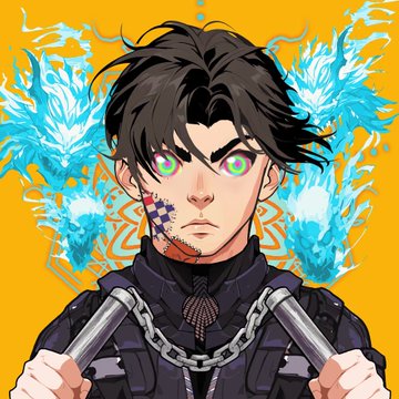 A digital anime-style illustration depicts a young man with black hair, green eyes, and a bandage on his cheek, wearing a dark outfit with a chain, holding batons against a yellow background with blue dragon motifs.