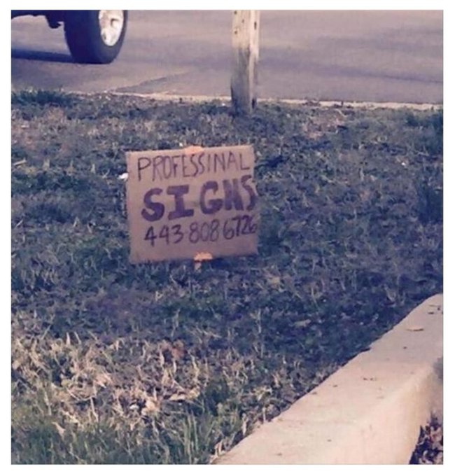 A cardboard sign on grass that reads 'PROFESSINAL SIGNS 443 808 6726', humorously misspelling 'Professional'.