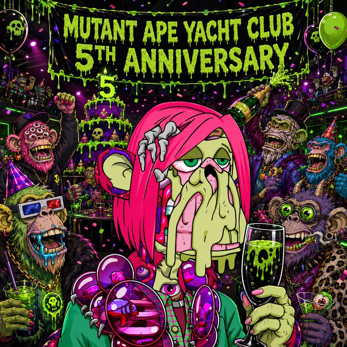 A vibrant, chaotic illustration celebrating the 'MUTANT APE YACHT CLUB 5TH ANNIVERSARY' featuring a central zombie-like ape with pink hair holding a champagne glass, surrounded by other mutant apes in a party setting.