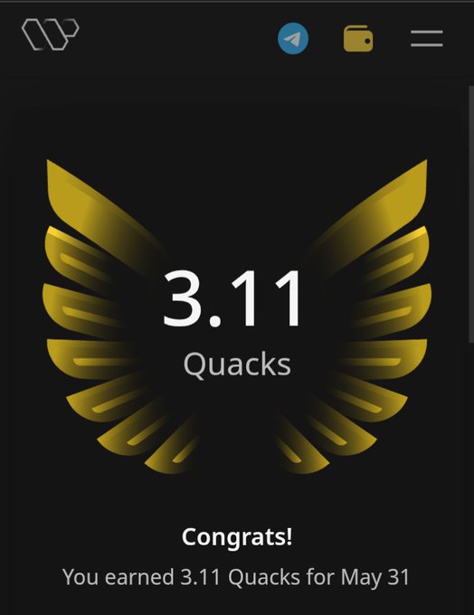 The image shows a phone screen with an app called Quacks, which has a gold background featuring a bird's wing design. The app displays that the user has earned 3.11 Quacks for completing a challenge or task within the app. The post also mentions that the user is entitled to 3.11 Quacks as rewards and encourages them to join the leaderboard to compete against others who have completed similar challenges.