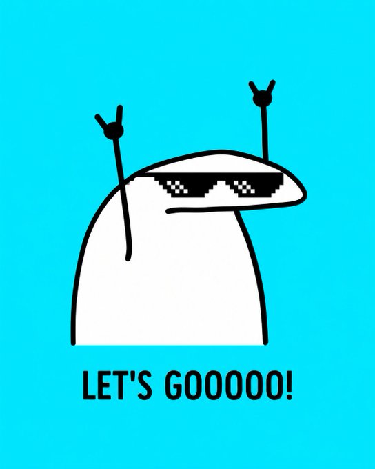 A cartoon white blob character wearing pixelated sunglasses with arms raised in excitement, captioned 'LET'S GOOOO!' on a bright cyan background.