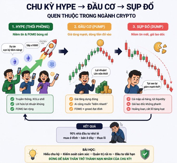 A Vietnamese infographic titled 'CHU KỲ HYPE → ĐẦU CƠ → SỤP ĐỔ' explaining the common hype, speculation, and crash cycle in the crypto industry with cartoon illustrations.