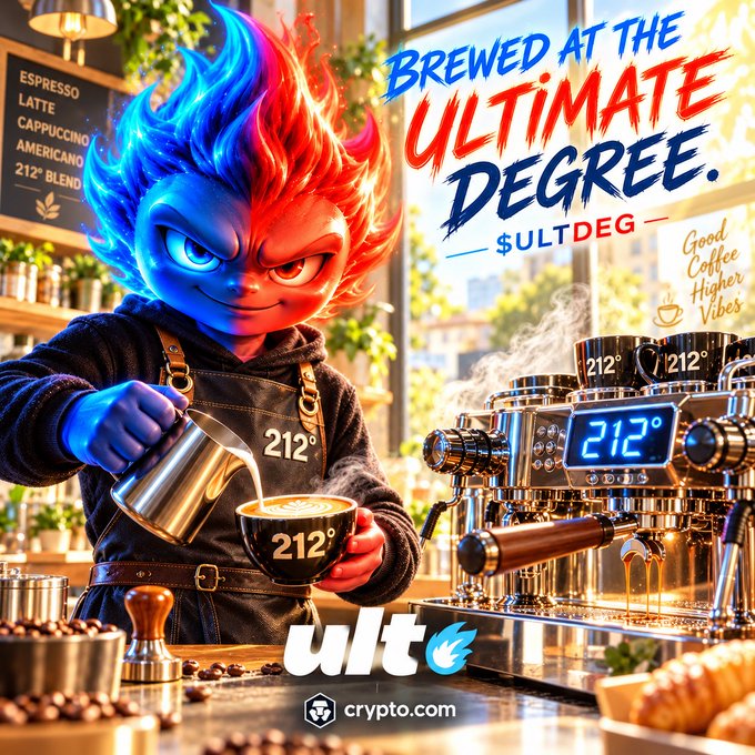 A promotional graphic featuring a red and blue flame-haired character making coffee, with text 'Brewed at the ultimate degree' and references to $ULTDEG and 212°.