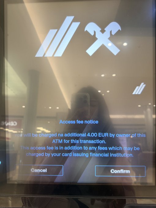 An ATM screen displays an "Access fee notice" charging an additional 4.00 EUR for a cash withdrawal, with Cancel and Confirm options visible below. The €4 fee on a €200 transaction represents a 2% rate, illustrating the user's comparison between crypto asset card ATM fees and traditional PayPal withdrawal rates.